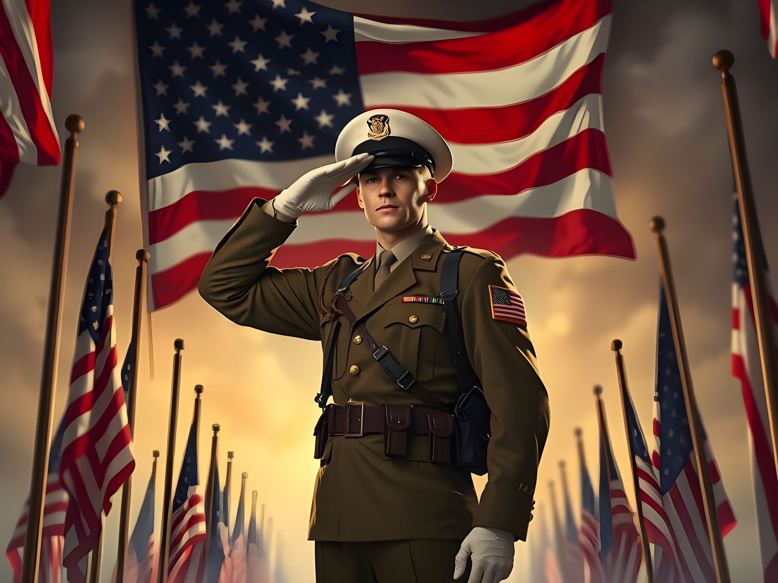 American Soldier Saluting in Patriotic Scene