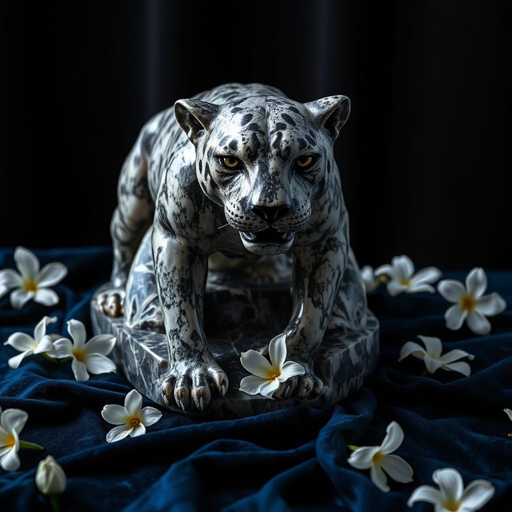 Obsidian Jaguar Statue: Hyperrealistic Cinematic Scene