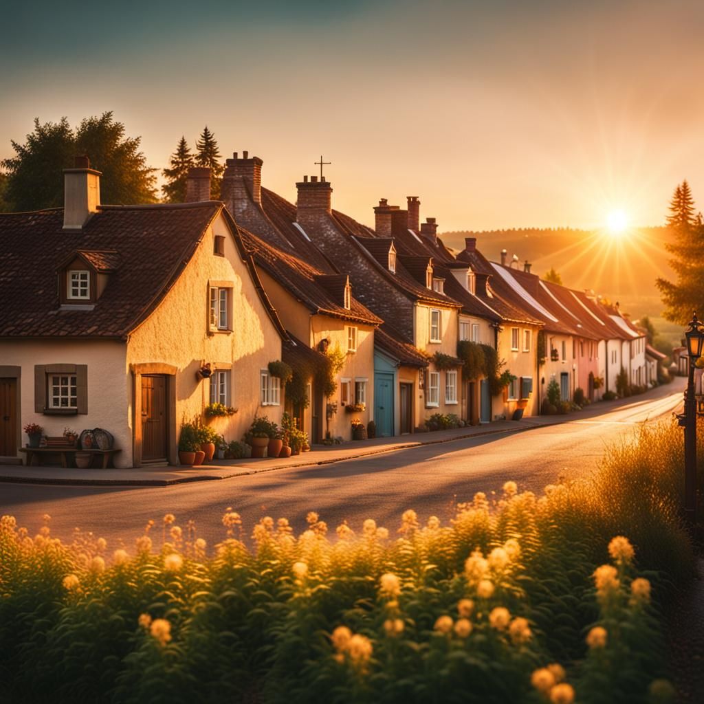 Quaint Village at Sunset in Golden Light