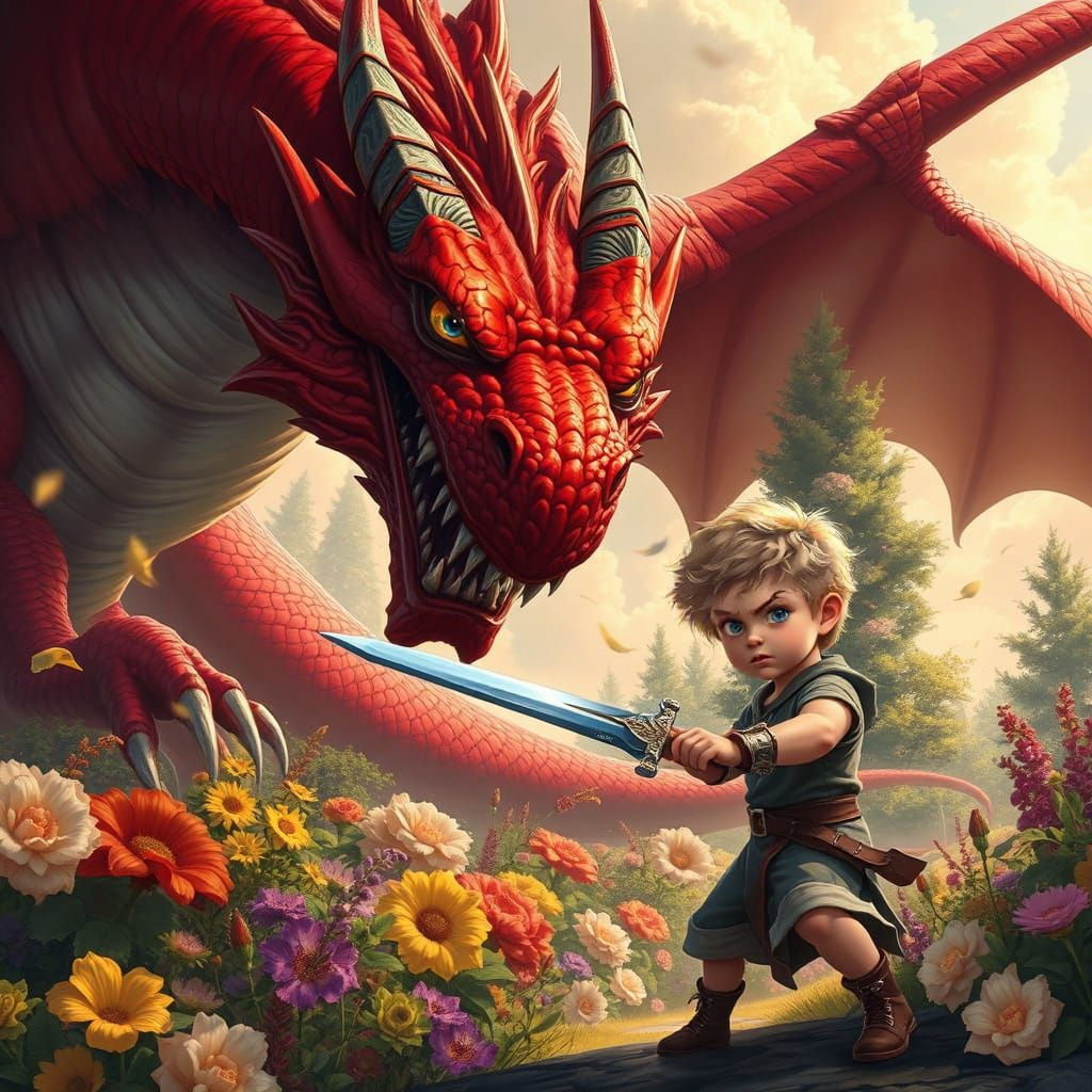 Furious Red Dragon Confronts Brave Young Warrior in Vibrant ...