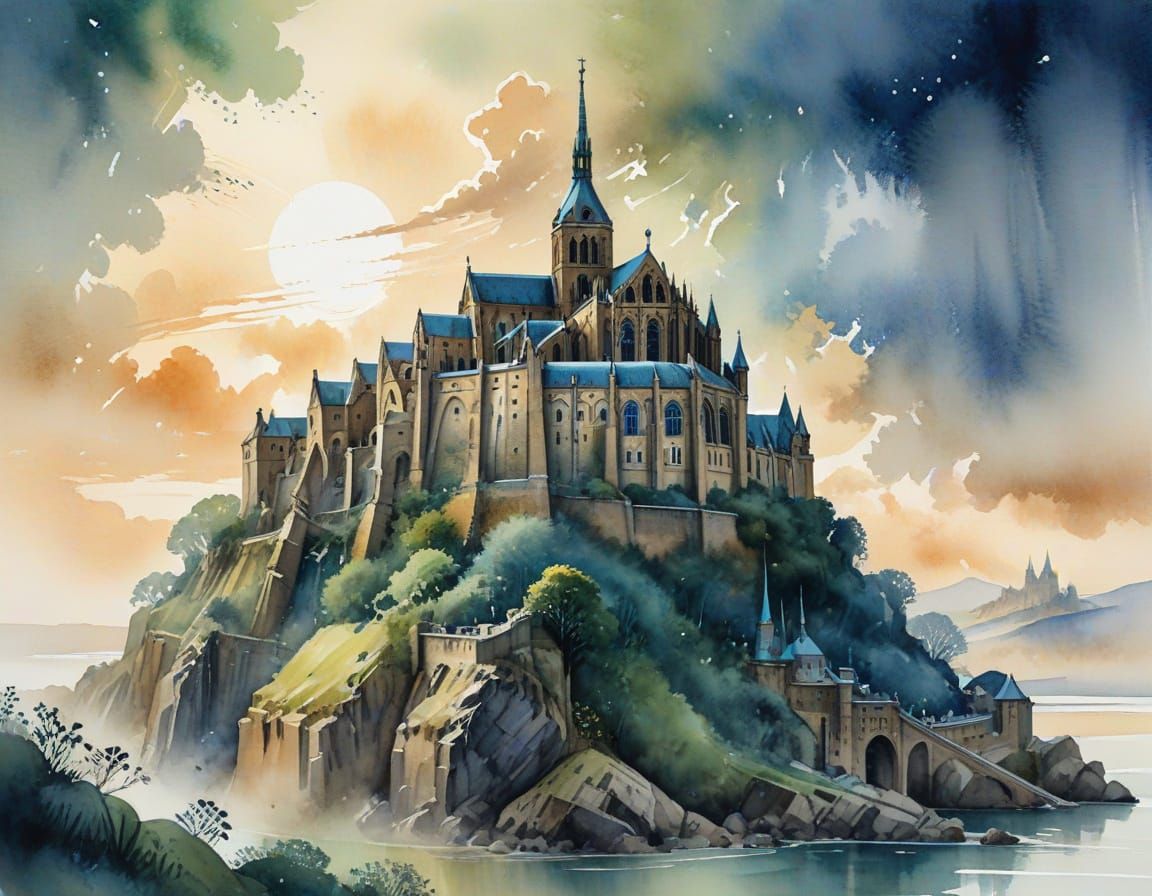 Mont Saint-Michel: A Romantic Watercolor Cityscape