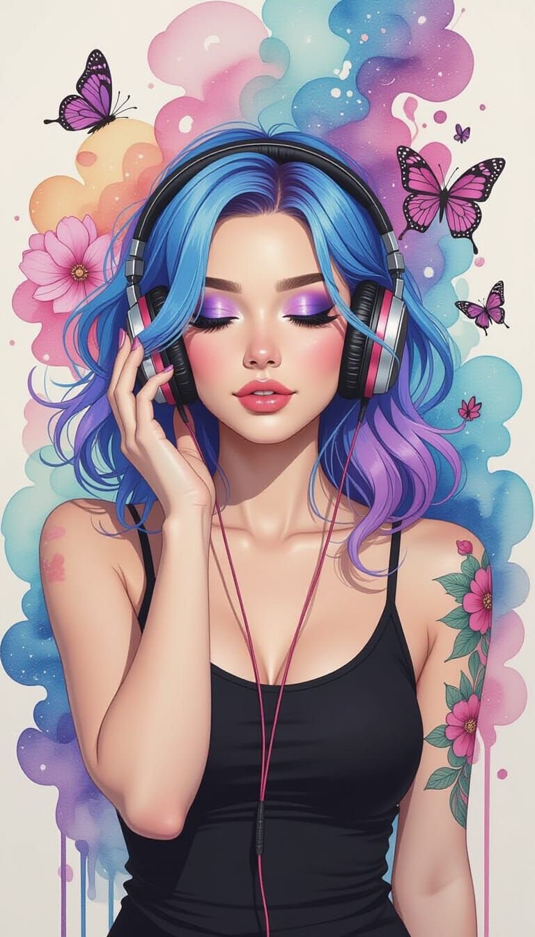 Woman with Colorful Hair Listening to Music in Dreamscape