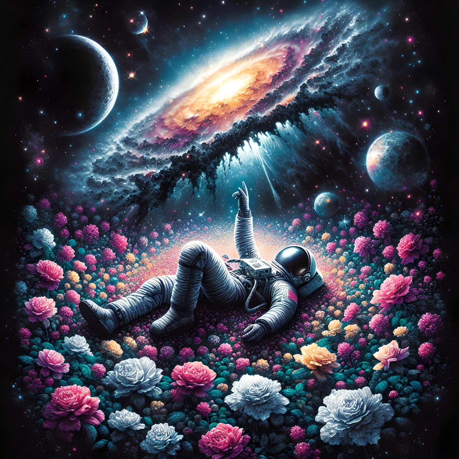 Astronaut in Alien Garden Gazing at Galaxy