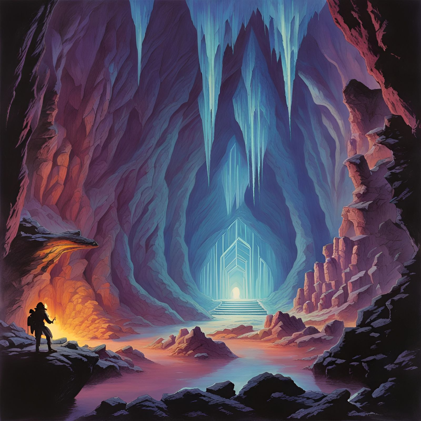 Crystal Cave in 80s Fantasy Art Style