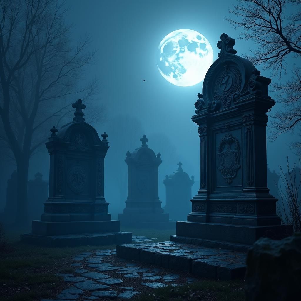 Ethereal Cemetery Under Moonlight in Blue and Violet