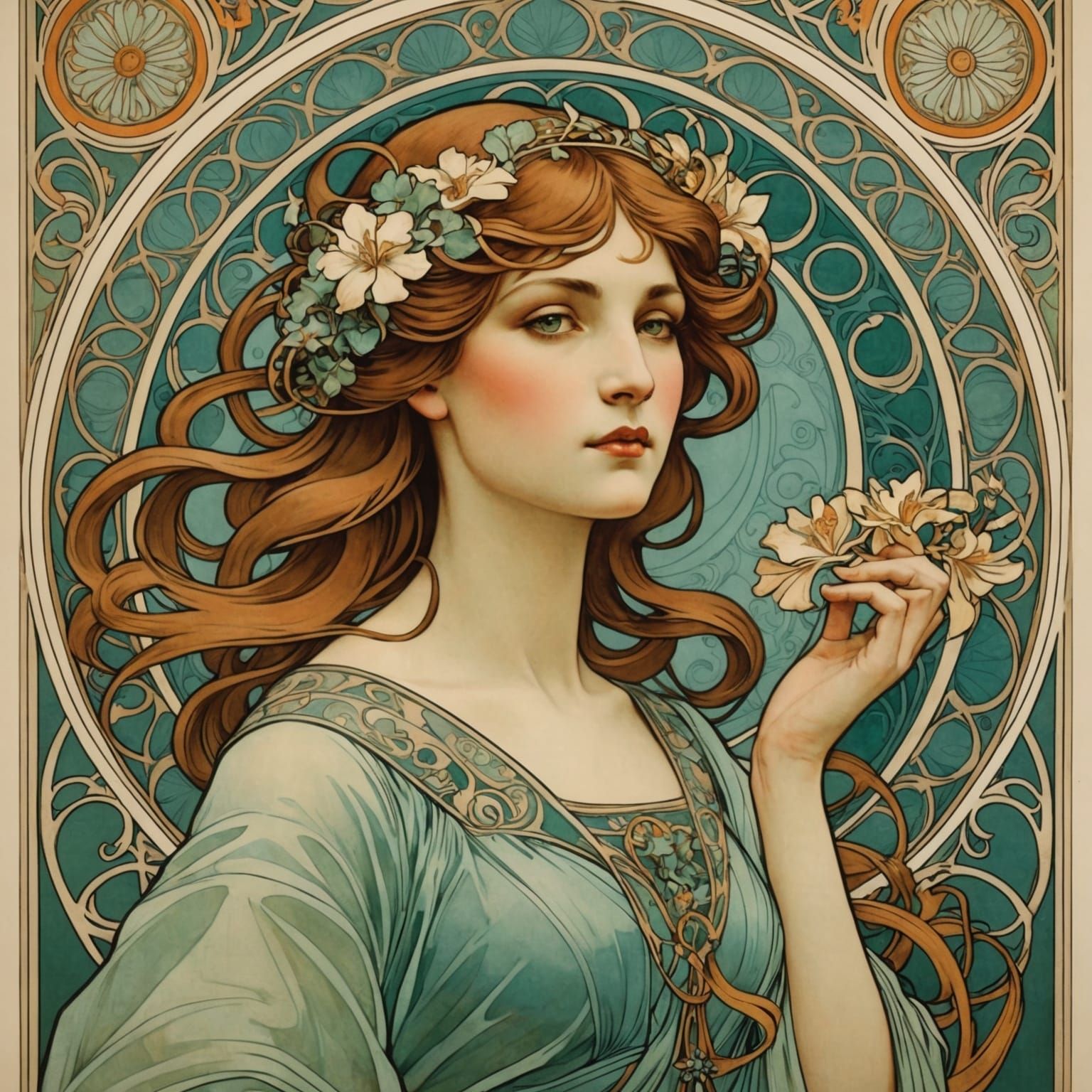 art nouveau alfonse mucha elegant poster with swirling lines