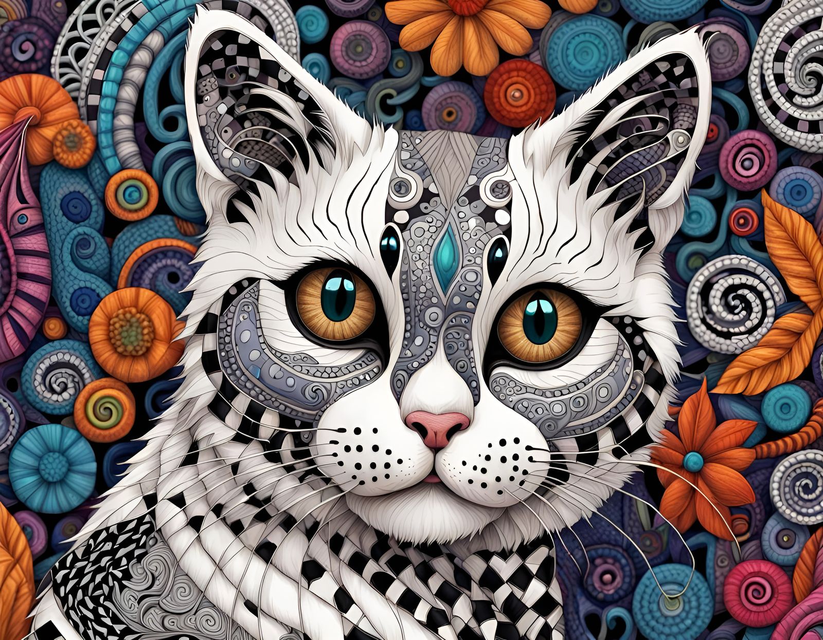 Detailed Zentangle Cat in 3D Digital Art