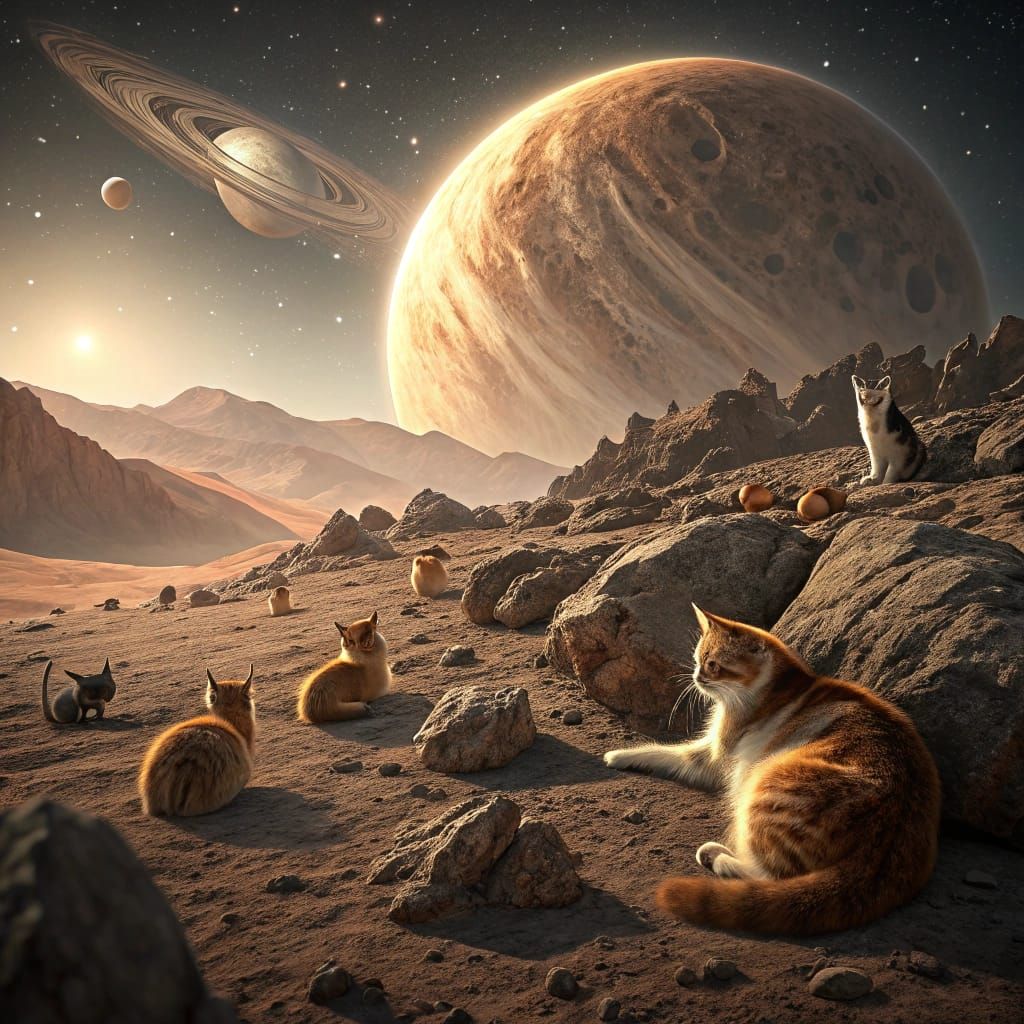Cats Bask in Sweltering Venusian Landscape with Gas Giant Ov...