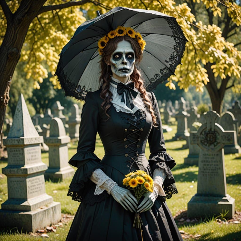 Zombie Cosplayer in Victorian Costume at Cemetery