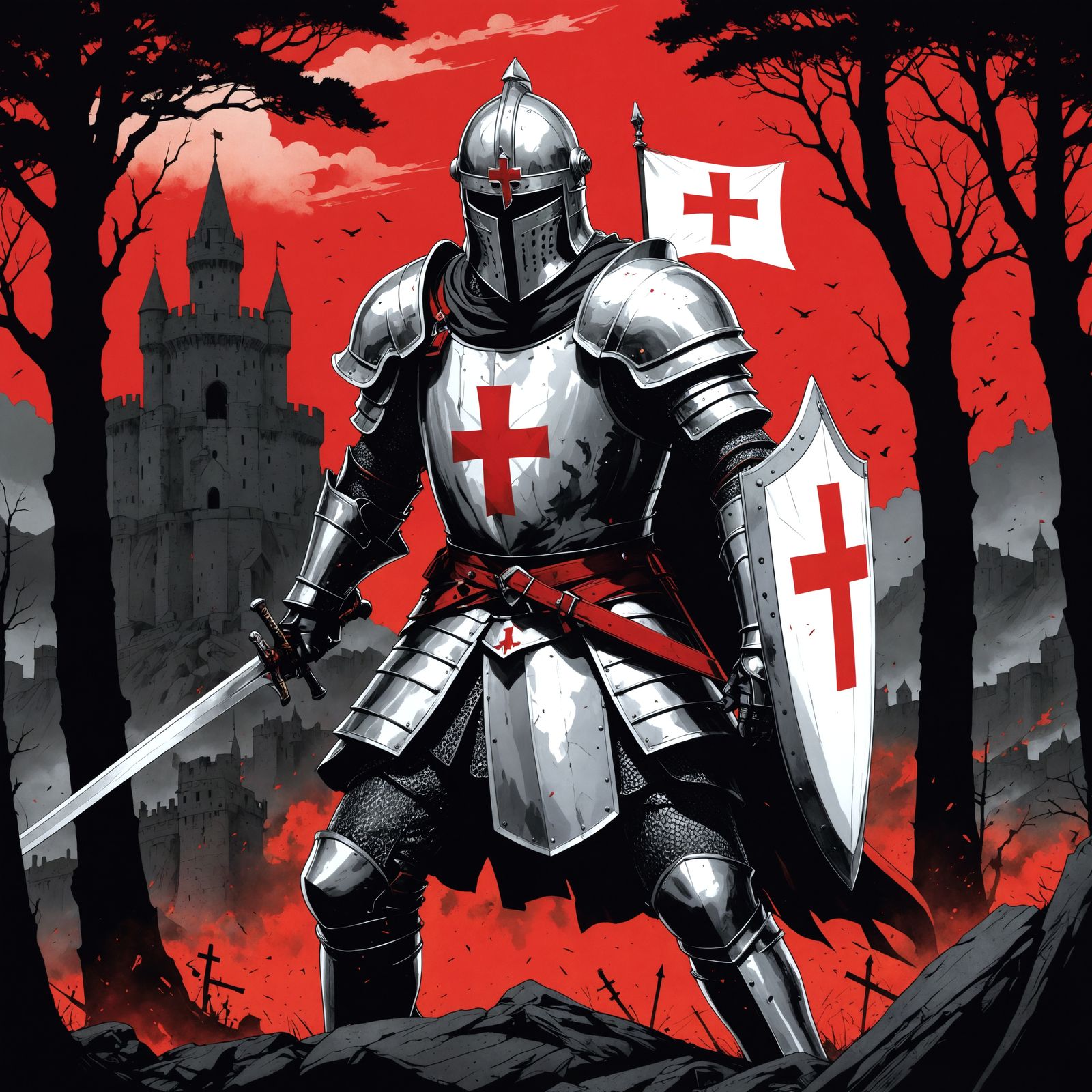 Templar Knight Double Exposure in Manhwa Comic Style