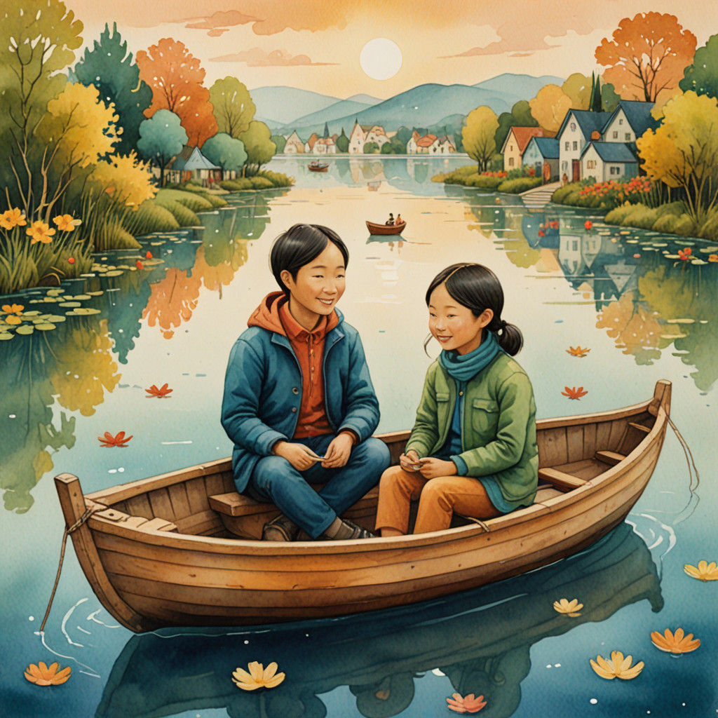 Whimsical Art Brut Watercolor Illustration of Friends in a B...