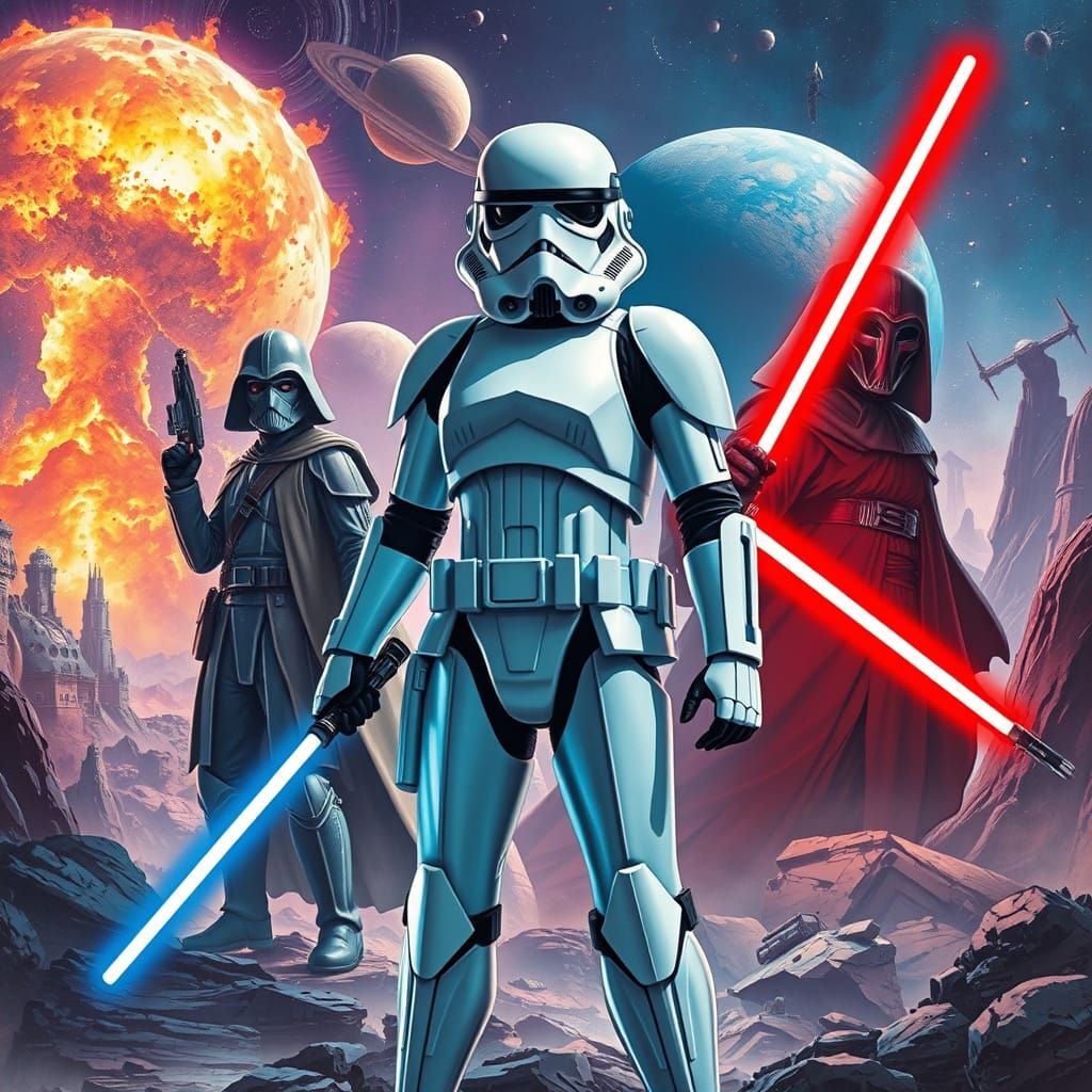 Stormtrooper, Jedi, and Sith in Sci-Fi Battle