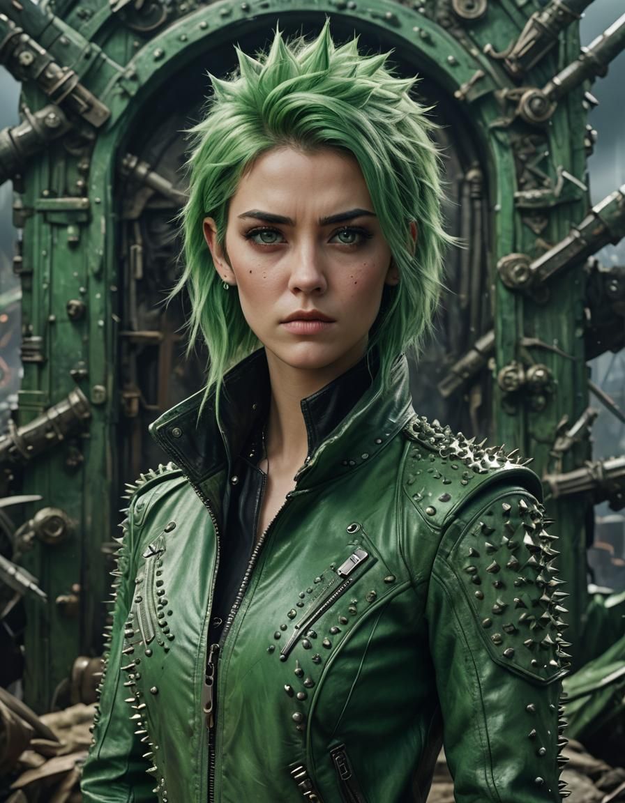 Green Haired Woman in Spiked Leather Jacket