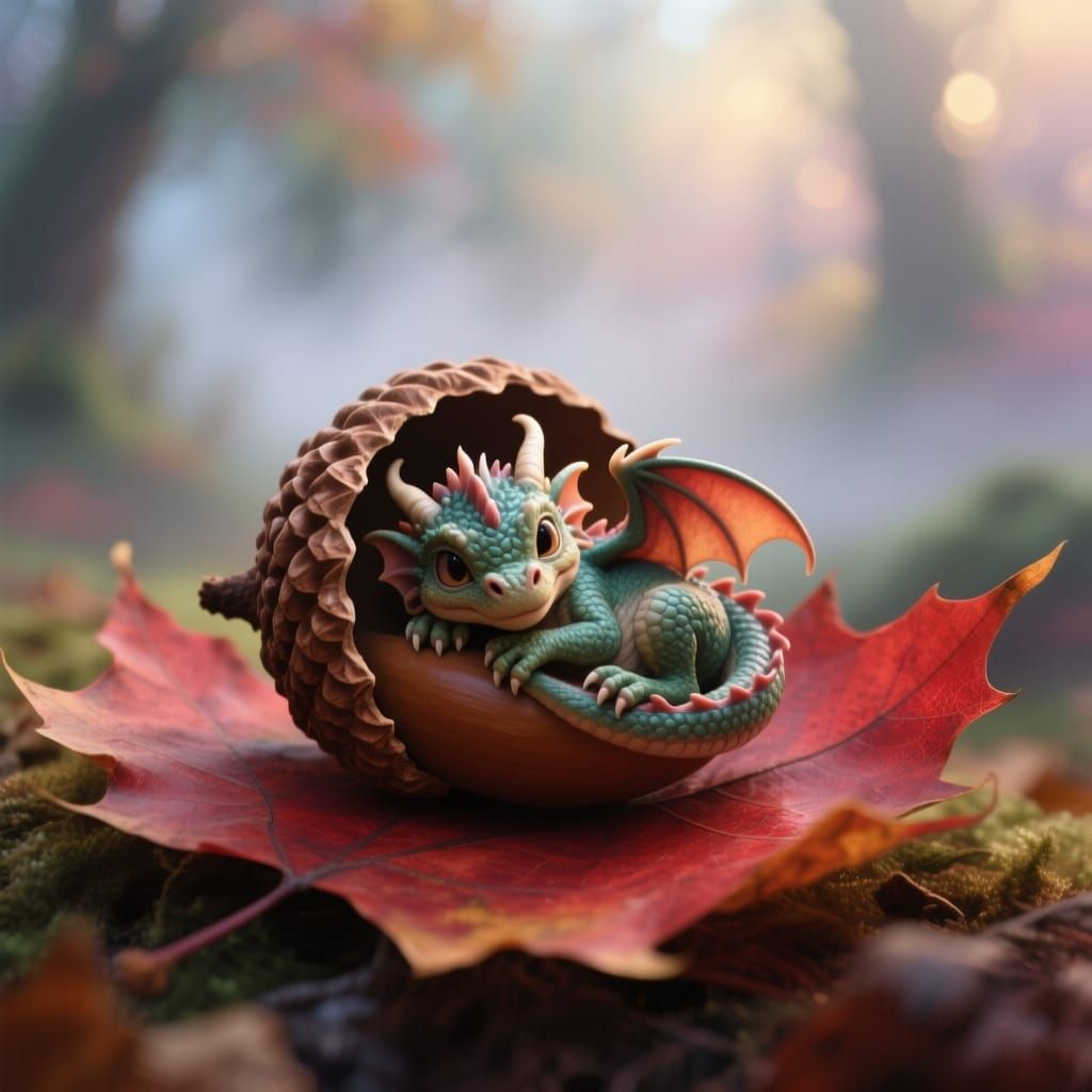 Baby Dragon Sleeping in Acorn on Fall Leaf