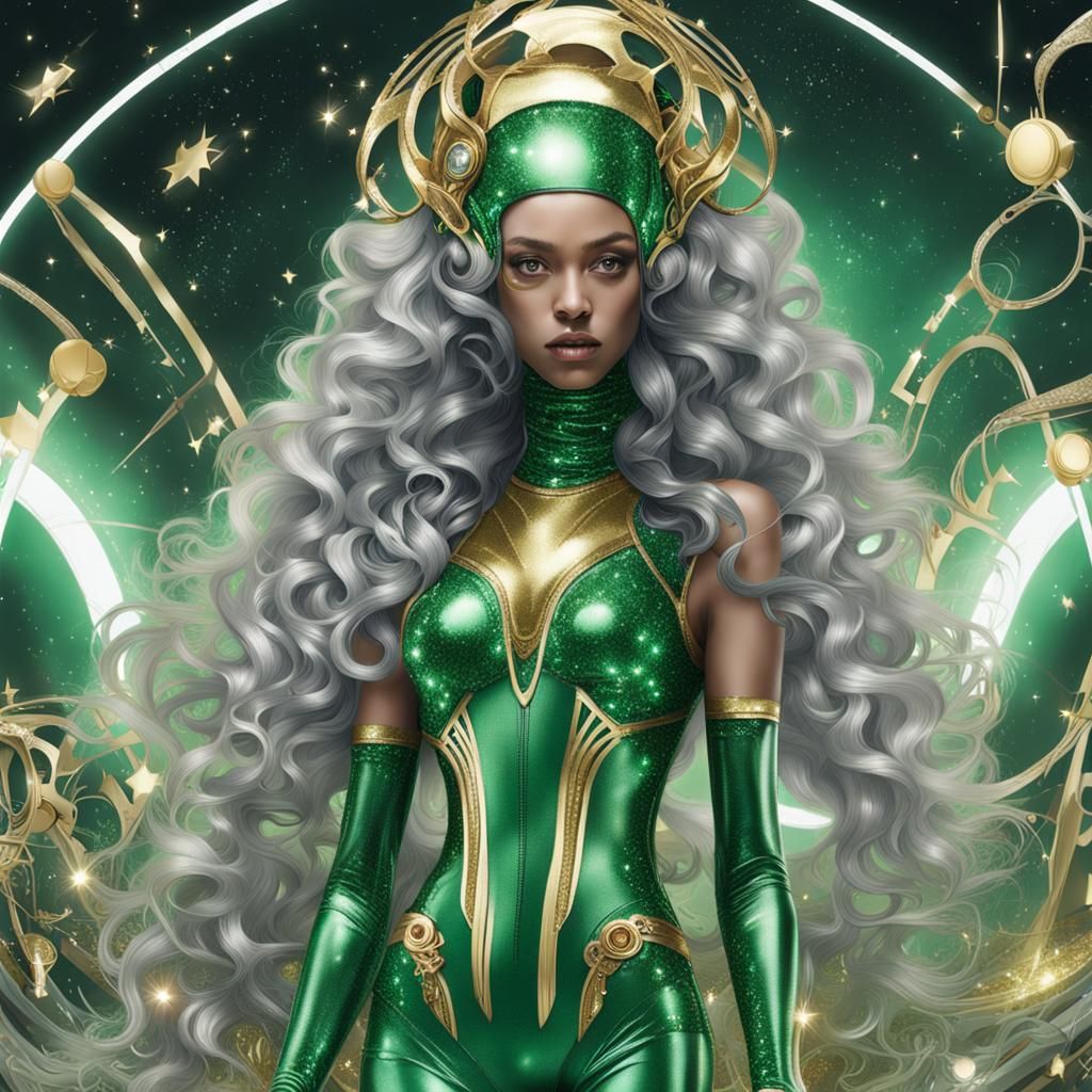 Glamorous Green Alien in Rococo Sci-Fi Style