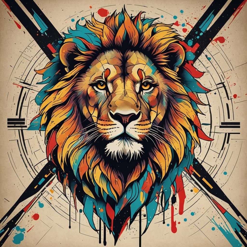 Geometric Lion Tattoo in Pop Art Style