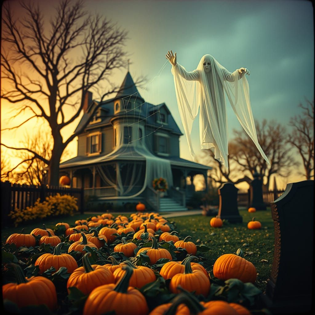 Dreamlike Halloween Scene With Ghost and Haunted House