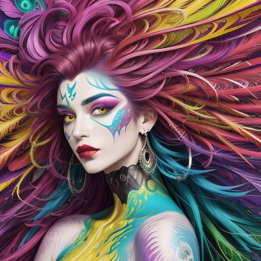 Abstract Portrait: Woman with Peacock Hair in Expressionist ...