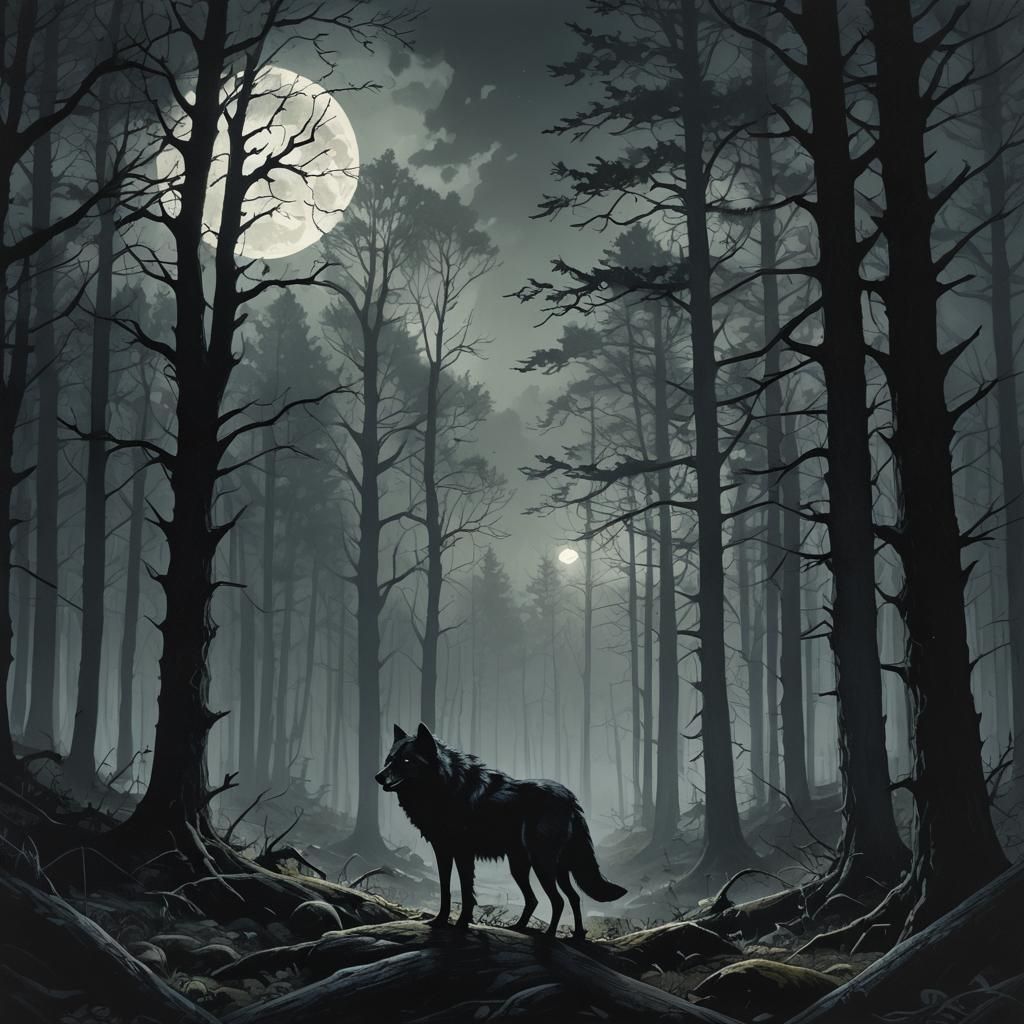 Lone Wolf Silhouette in Dark Forest, Fantasy Art