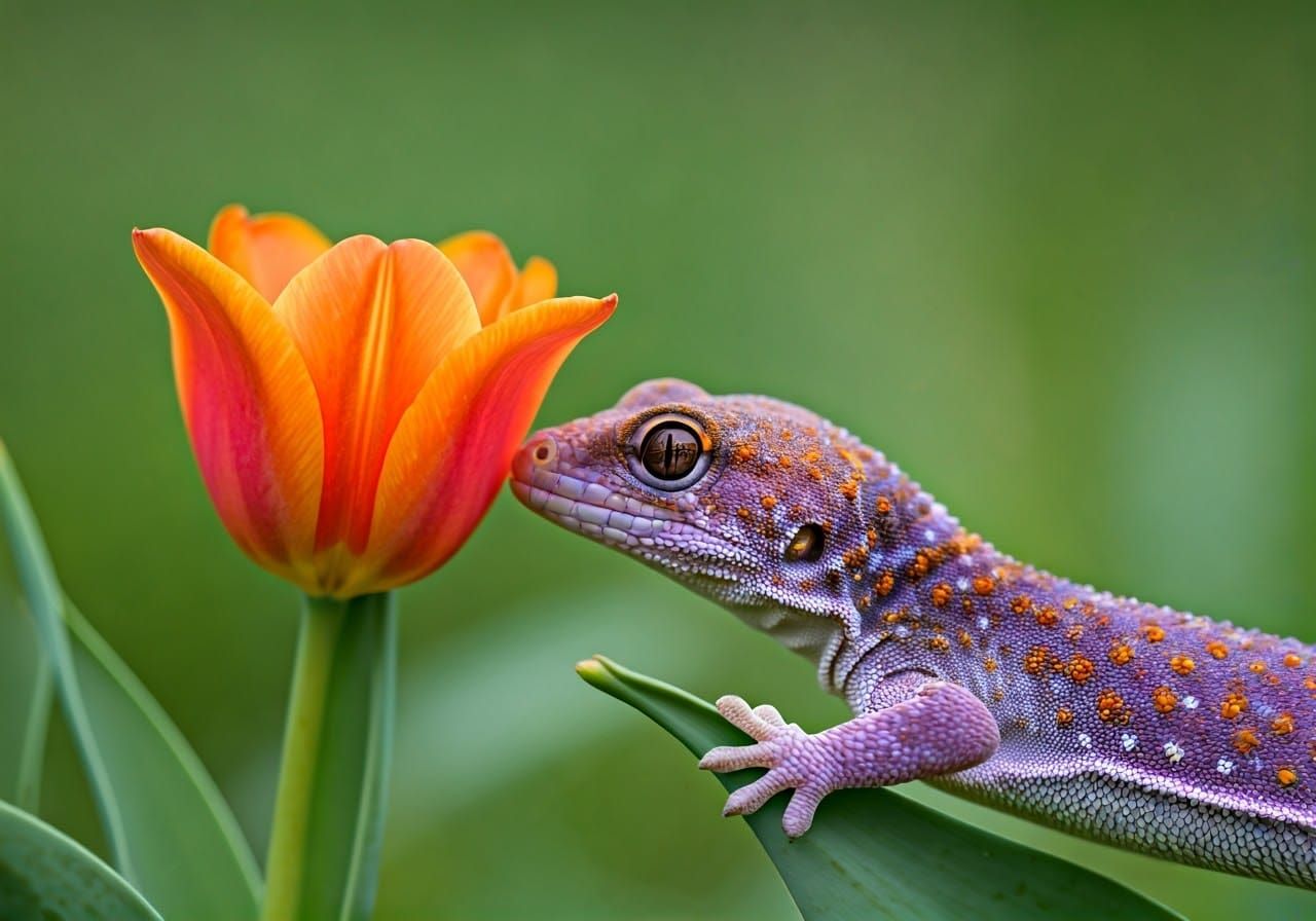 A Purple Lizard Sniffs a Vibrant Orange Tulip