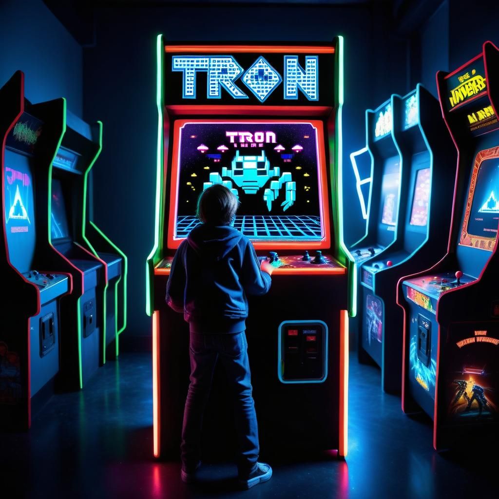 Arcade Player in Neon Room with Tron Poster