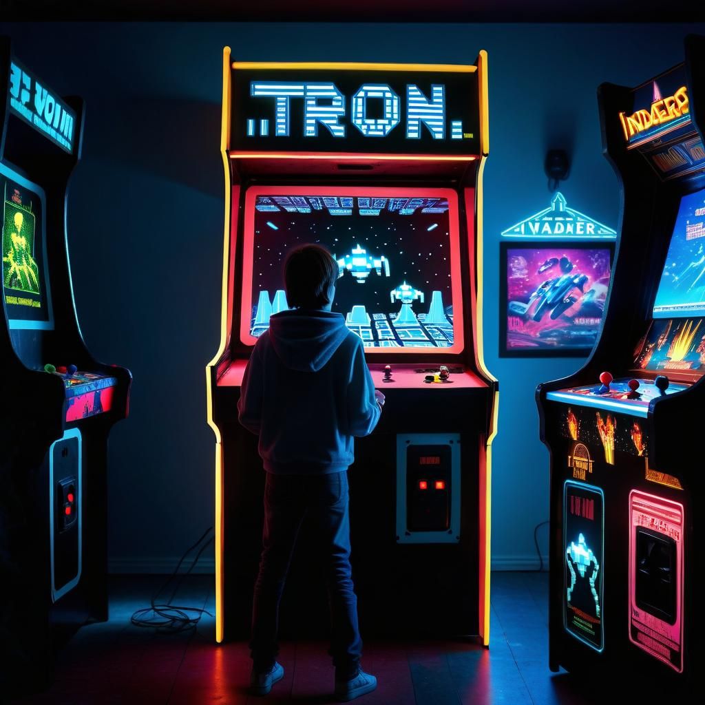 Hyperrealistic Arcade Scene with Space Invaders