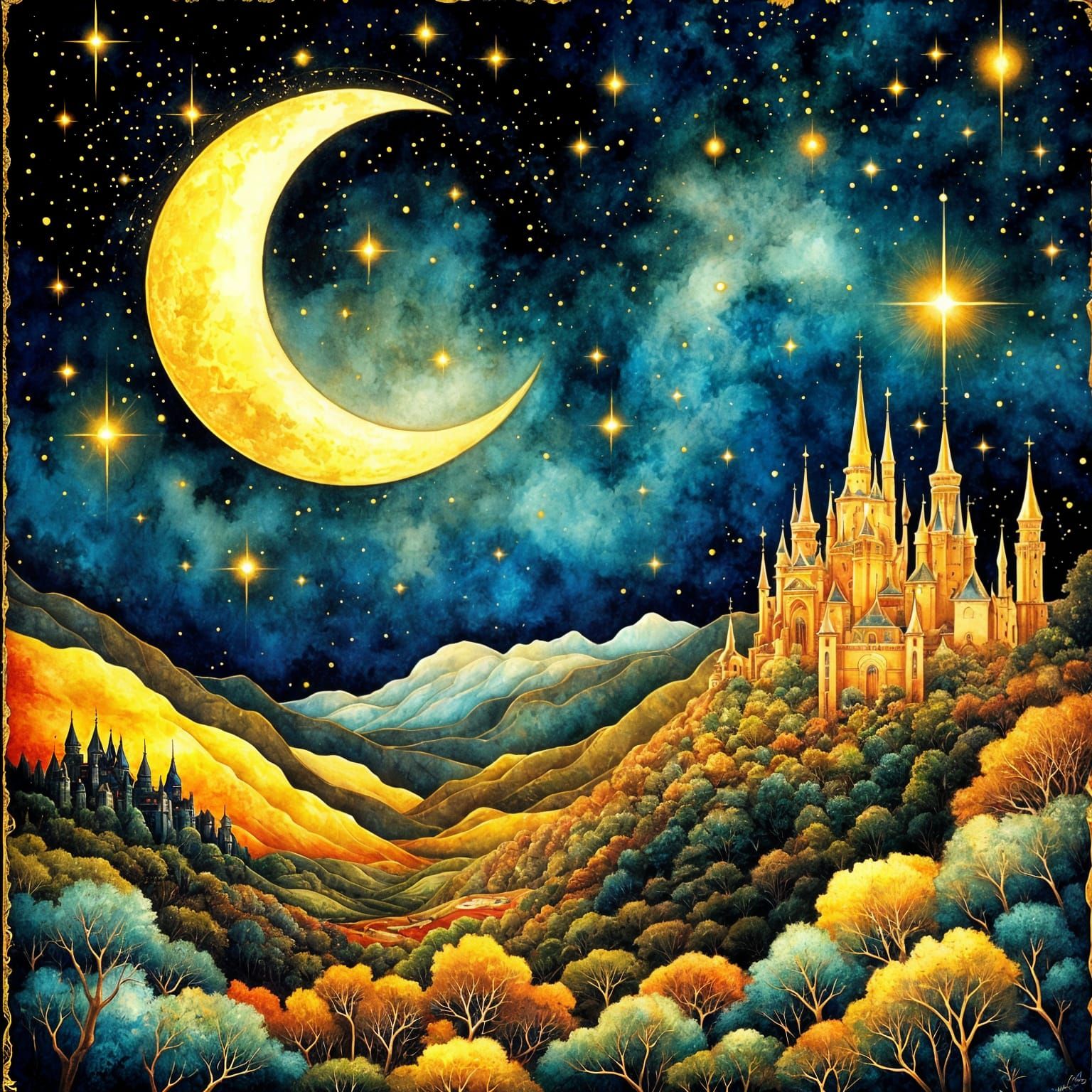 Magical Crescent Moon Over Fairytale Castle