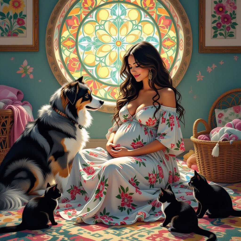 Stressed Pregnant Woman in Chaotic Nursery, Art Nouveau Styl...