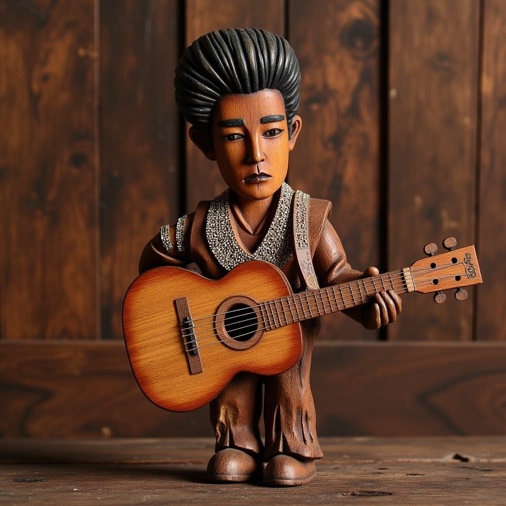 Wooden Elvis Presley Sculpture on Stage in Realism Style