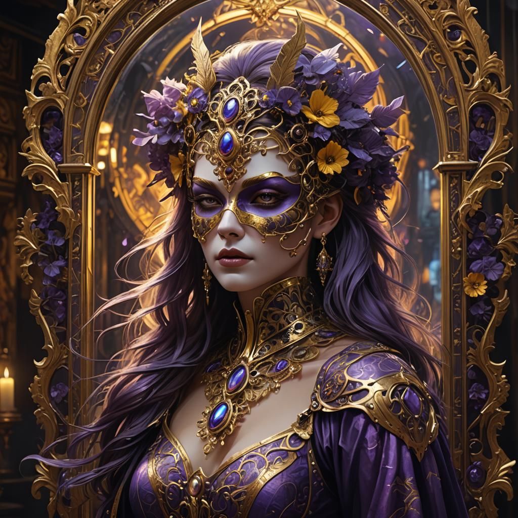 Masked Woman in Mirror: Dark Fantasy Art