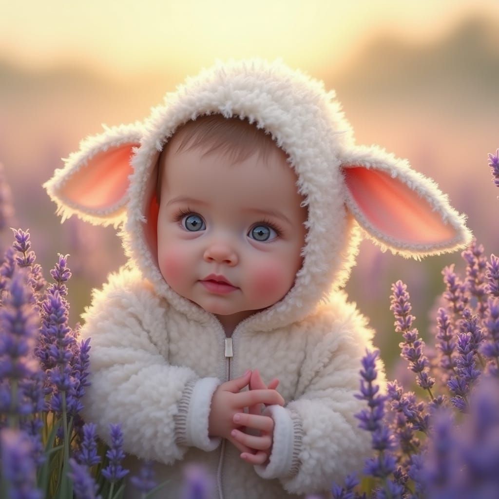 Idyllic Lamb in Lavender Field, Soft Pastel Impressionism