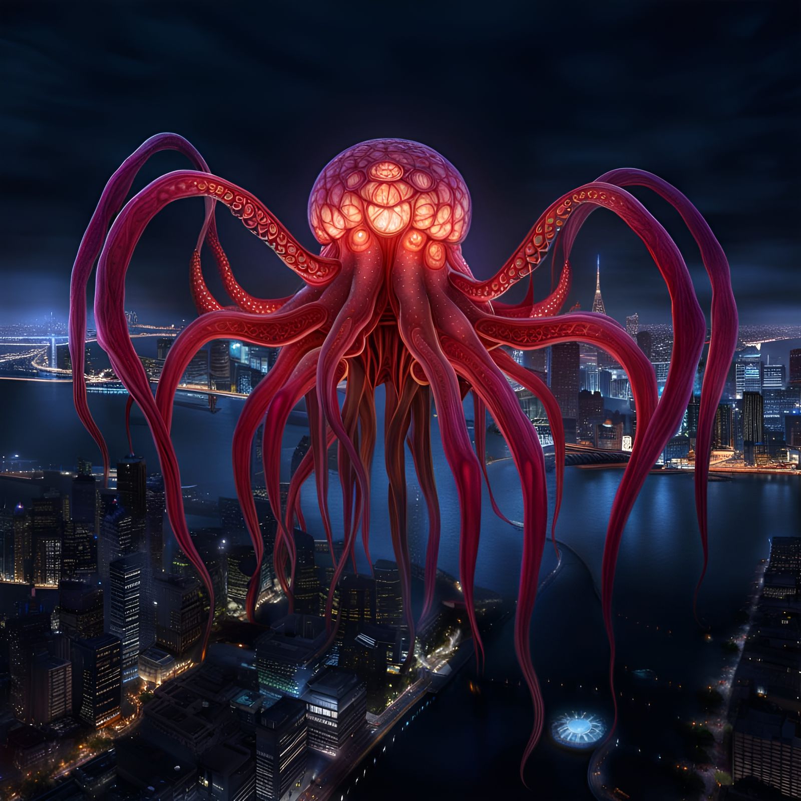Luminous Multi-Armed Creature over City at Night