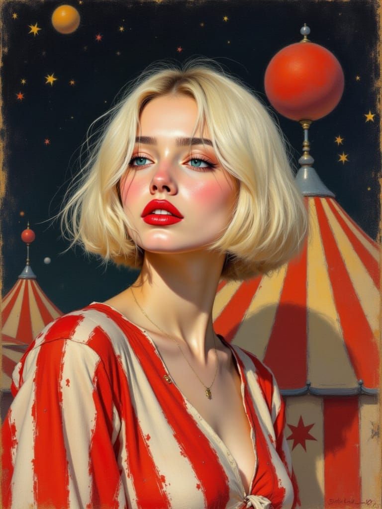 Ethereal Woman in Red and White Stripes Under Celestial Star...