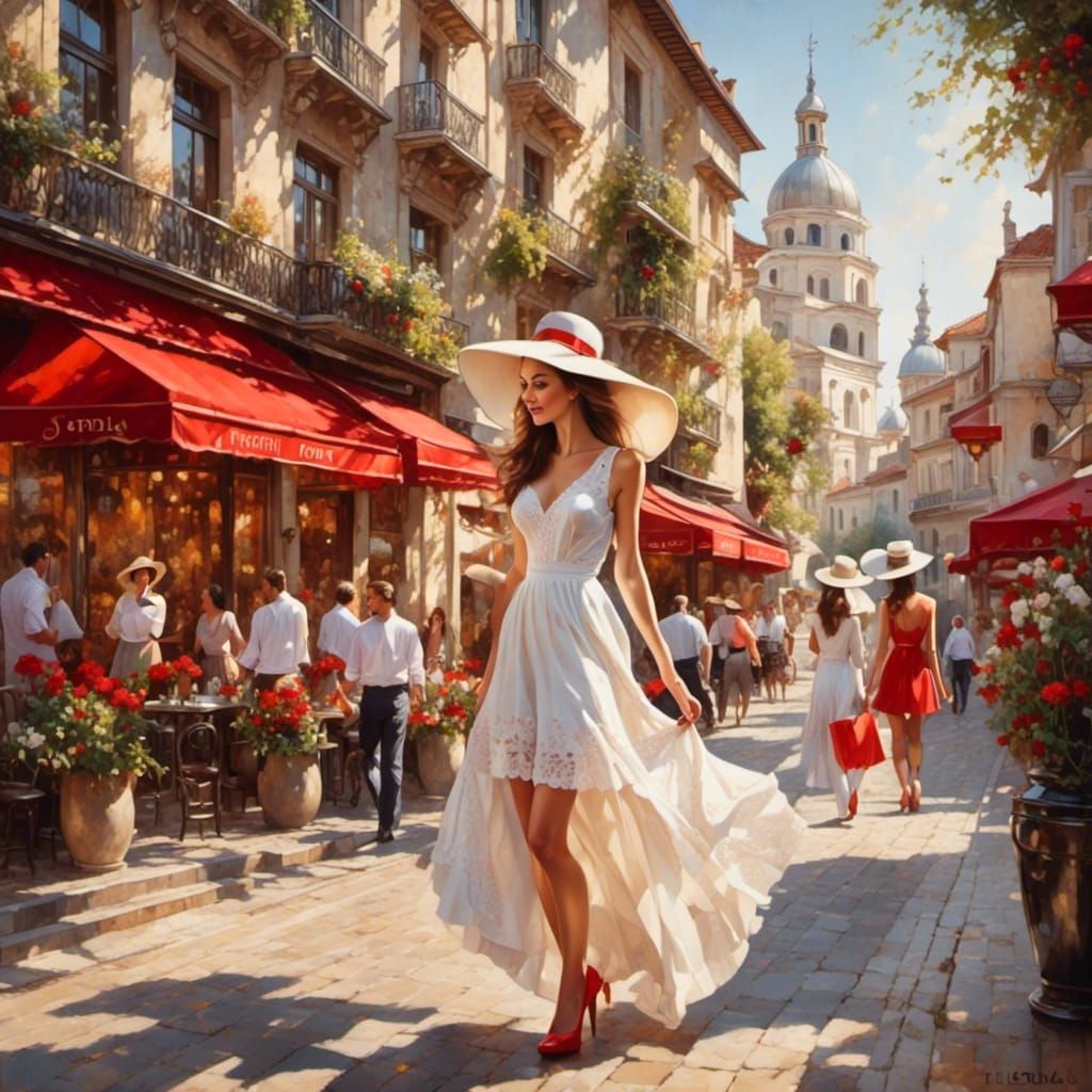 Brunette in White Dress, Vivid Oil Painting