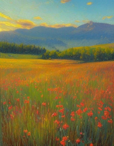 Serene Sunset Meadow in Impressionist Oil Painting Style