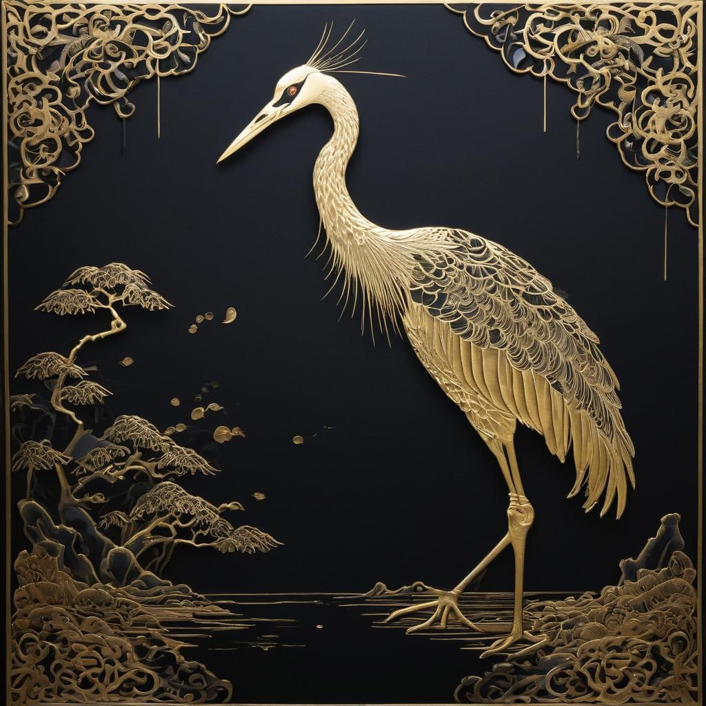 Crane Kakejiku Painting with Golden Accents