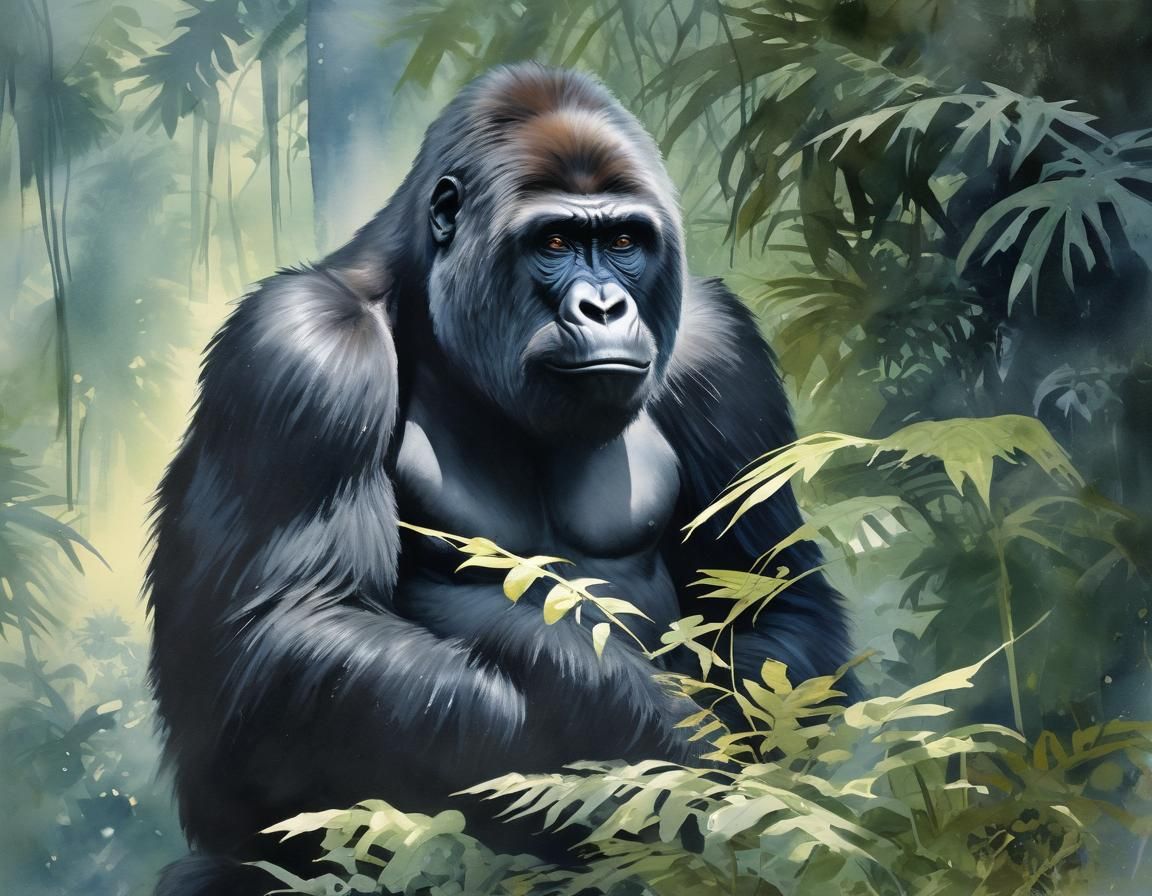 Watercolor Gorilla in Rainforest at Dawn