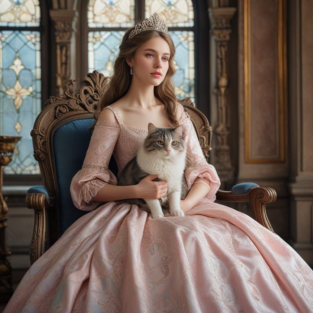 Whimsical Princess and Her Feline Companion in a Dreamy Cast...