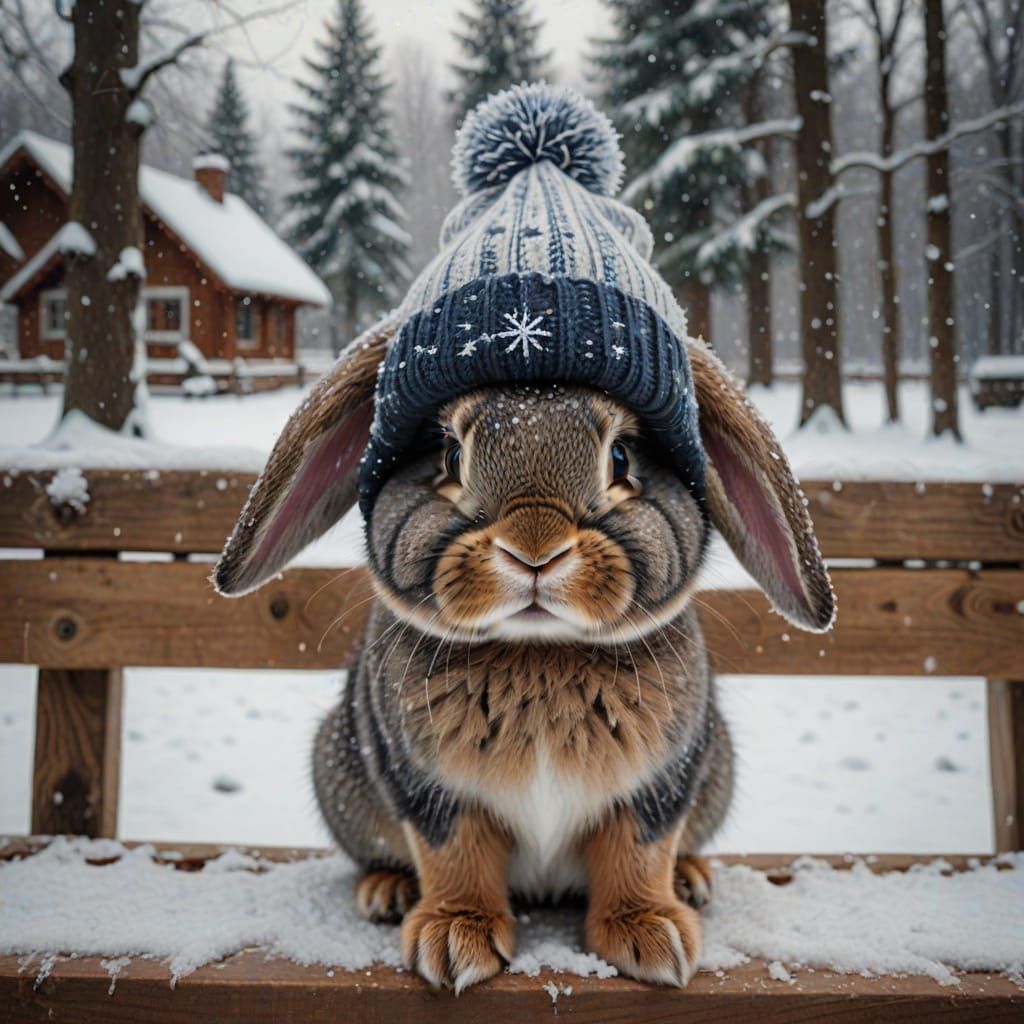 Lop-Eared Bunny in Winter Hat on Snowy Bench