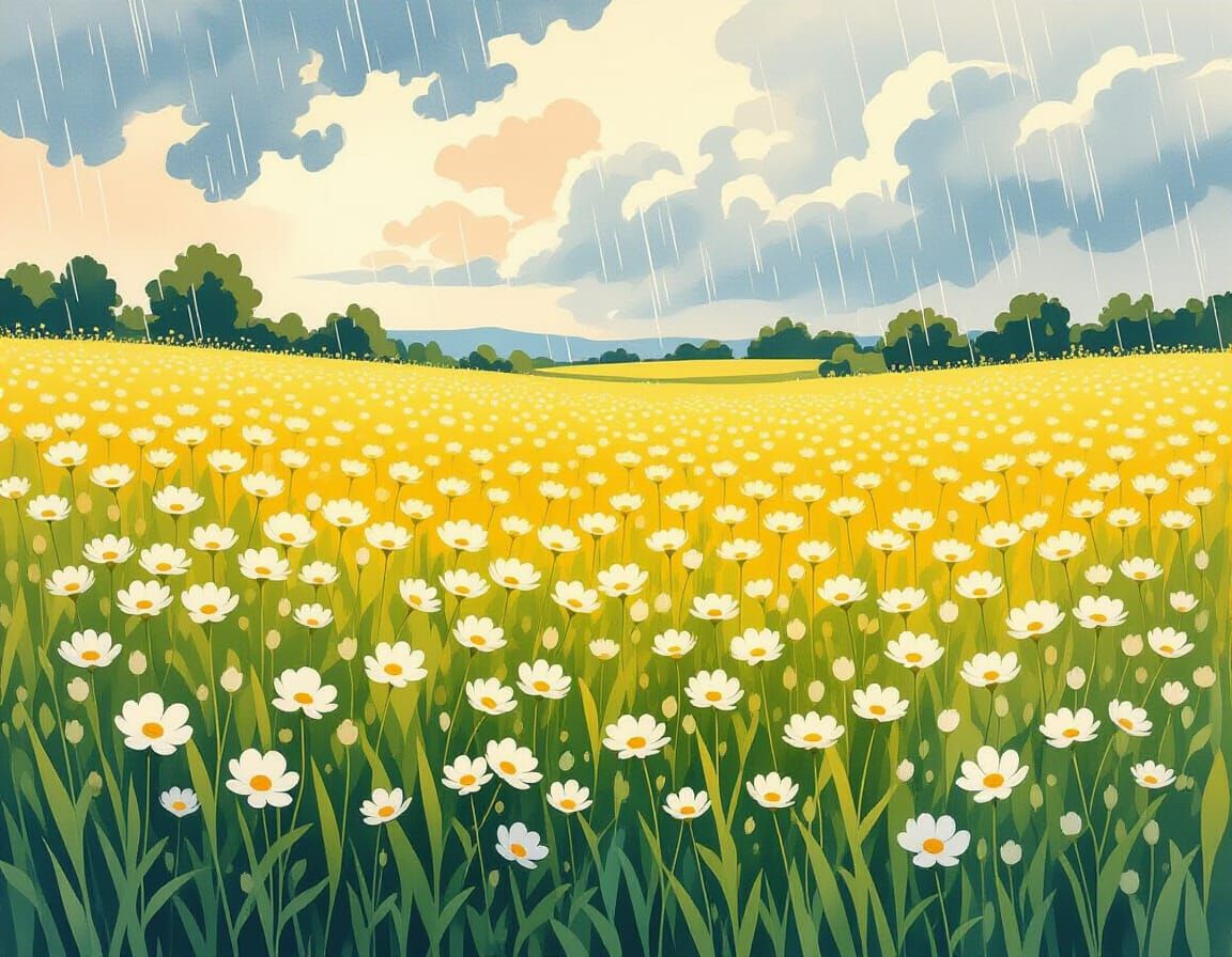 Wildflower Field in Summer Rain, Watercolor Painting