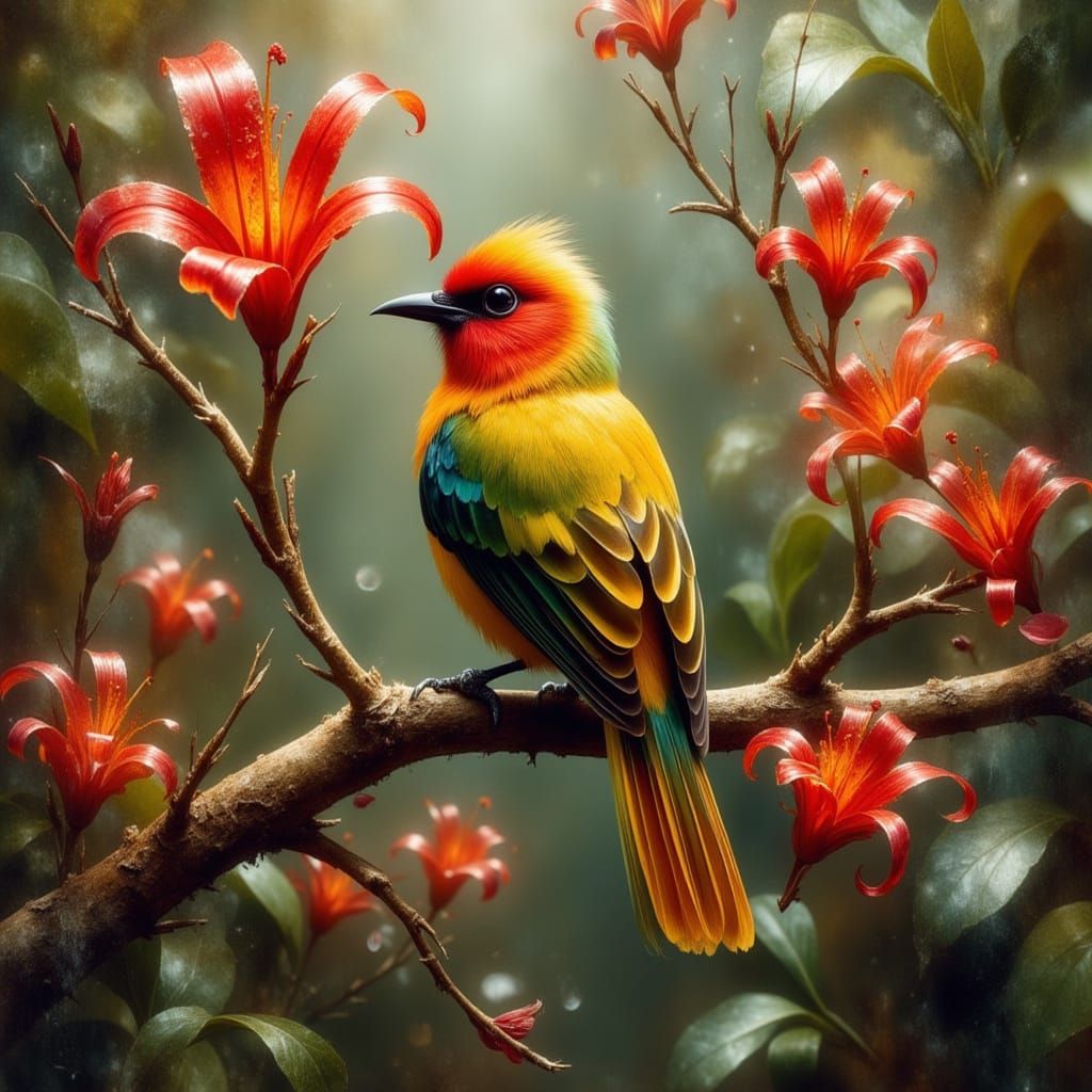 Scarlet Tanager in Dreamscape with Royal Poinciana