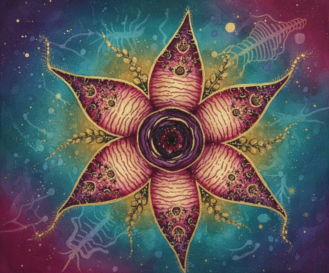 Golden Age Alcohol Ink Alien Flower Illustration