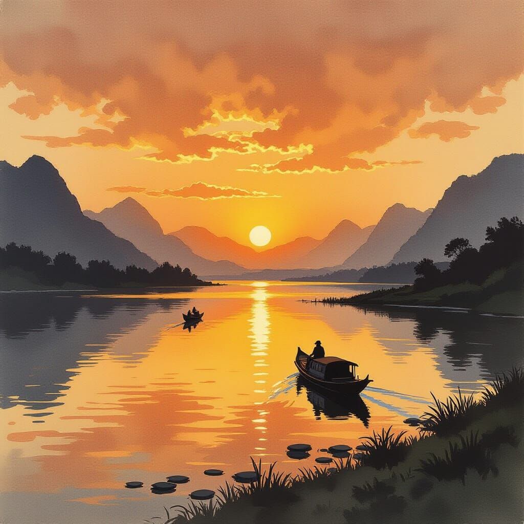 Yangtze River Autumn Sketch in Golden Hour Light