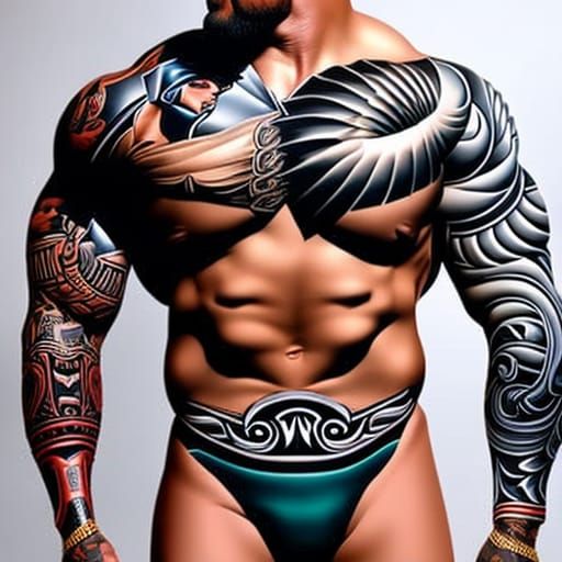 Full body portrait of muscular man with complete super intricate mega detailed complete body sleeve of hotrod pin-up gir...