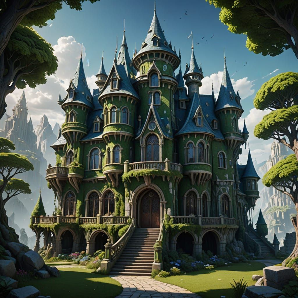 Whimsical Green and White Castle with Turrets and Grand Entr...