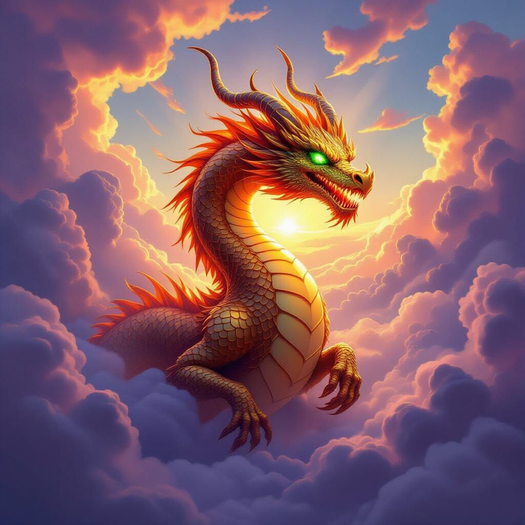 Golden Dragon Soars Through Amethyst Clouds