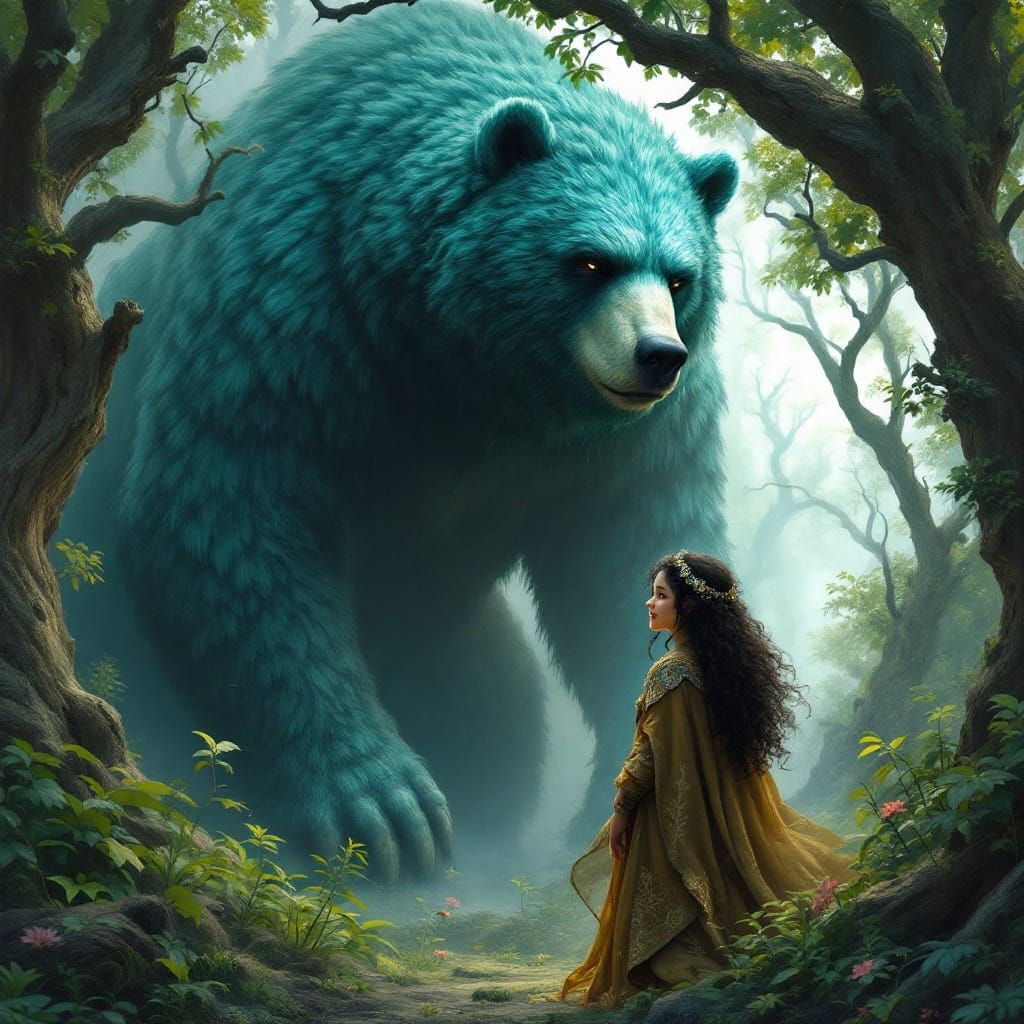 Magical Blue Bear and Girl in Enchanted Forest