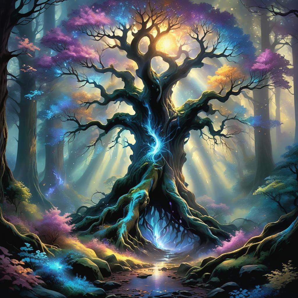 Glowing Tree in Mystical Forest Digital Art