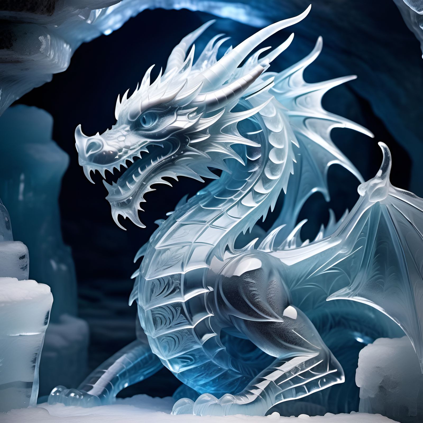 Ice Dragon Sculpture in an Ice Cave Setting