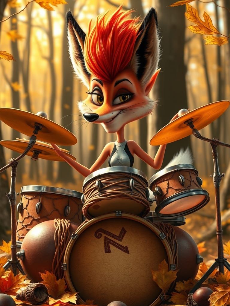 Fox Drummer in Pixar Style with Autumnal Kit